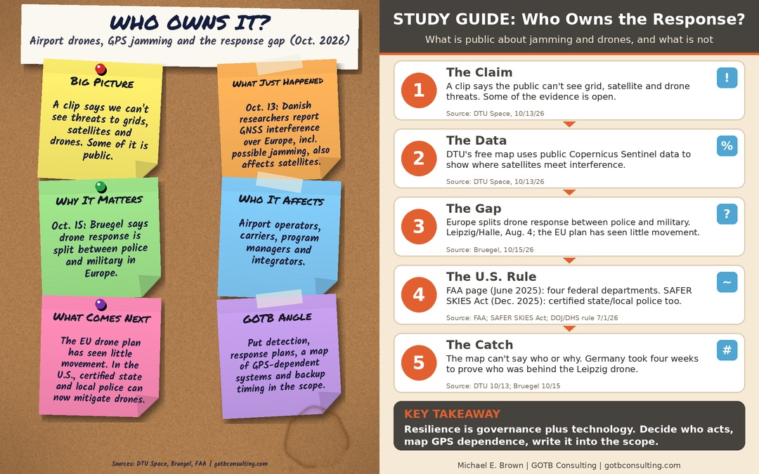 Graphic: airport drones and GPS jamming, sticky notes and study guide