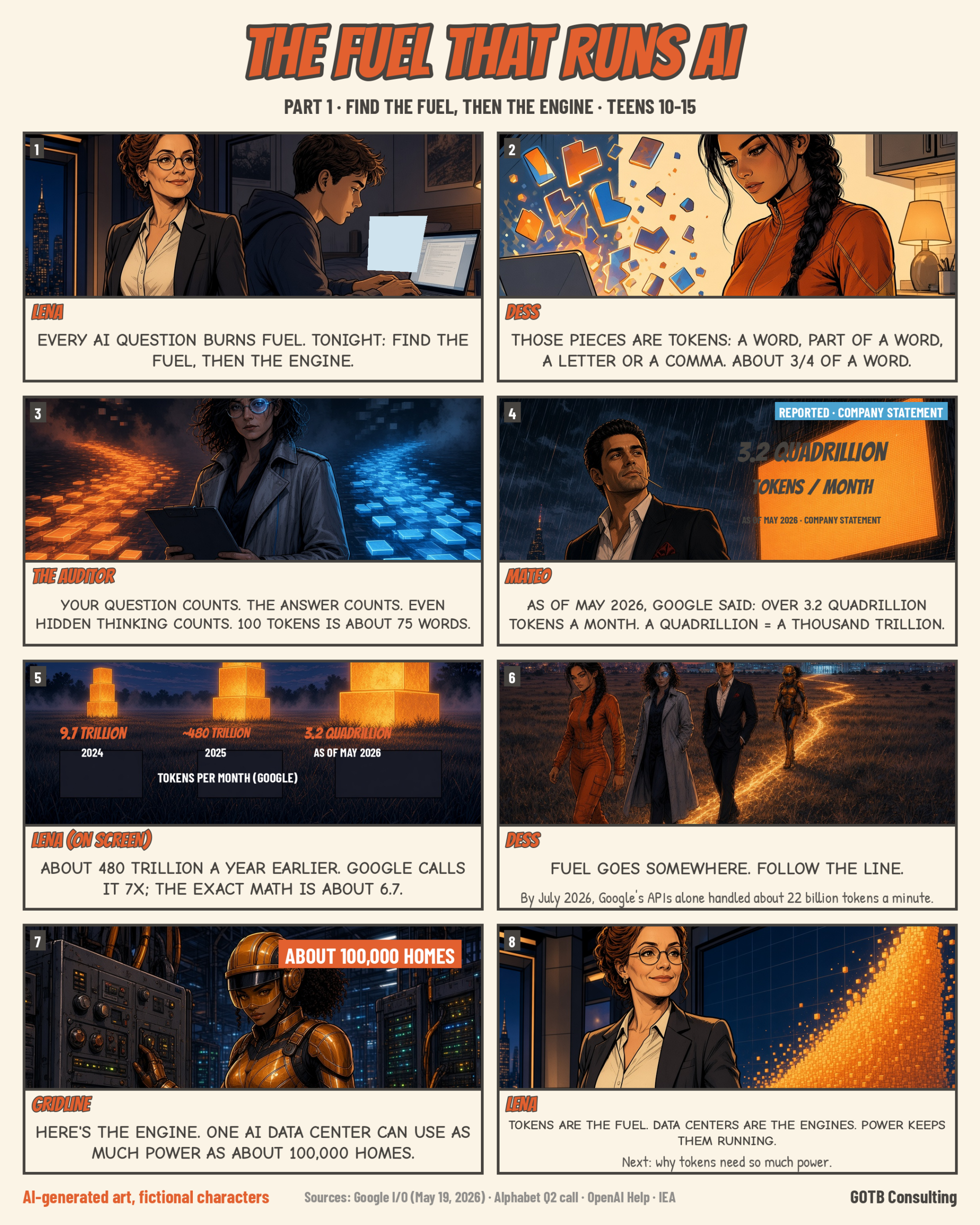 One-page comic: The Fuel That Runs AI, Part 1. Eight panels explain AI tokens and the data centers that run them.