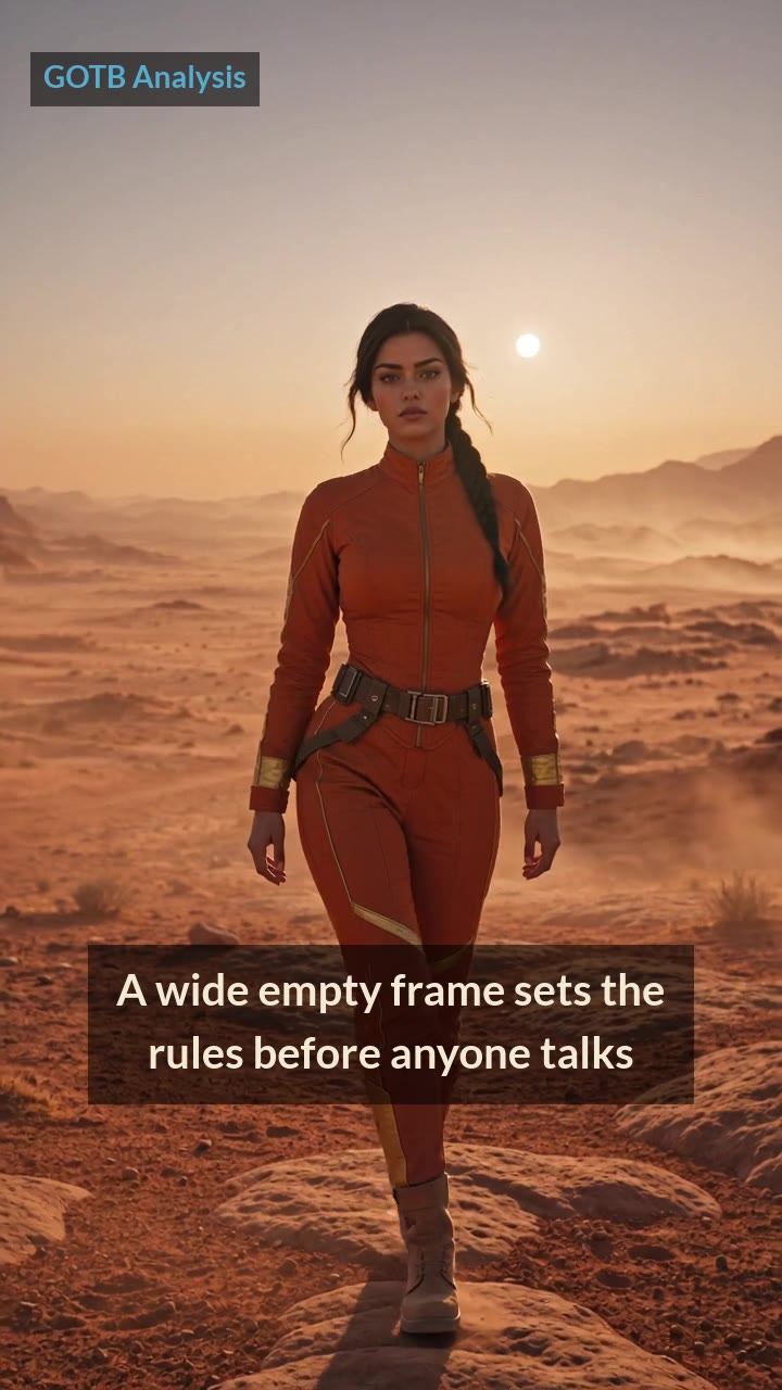 A young woman with a long black braid in a burnt-orange suit with gold-seamed sleeves walking across red desert flats at sunrise, from the clip The Last Orange Suit