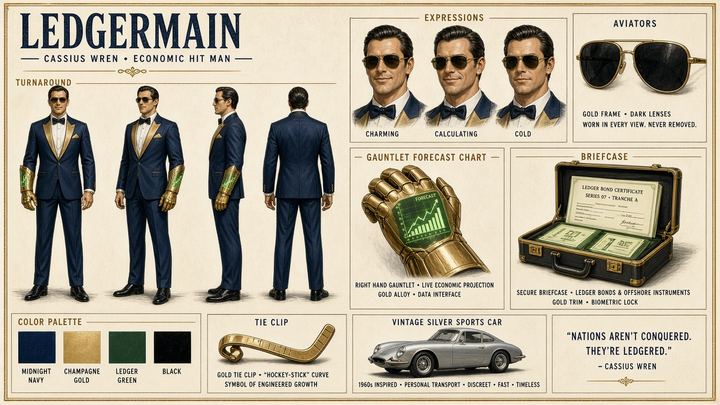 Character sheet for Ledgermain, a fictional character from The Infrastructure Guard