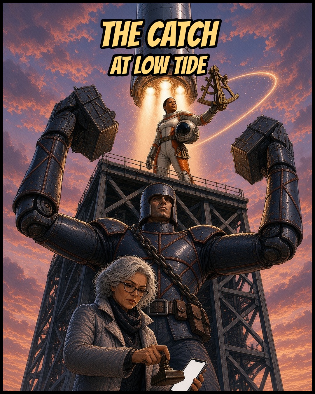 Cover of the comic The Catch at Low Tide: at dusk a rocket booster descends on a ring of fire toward a launch tower with open arms while Apogee, Gridiron and Ines watch
