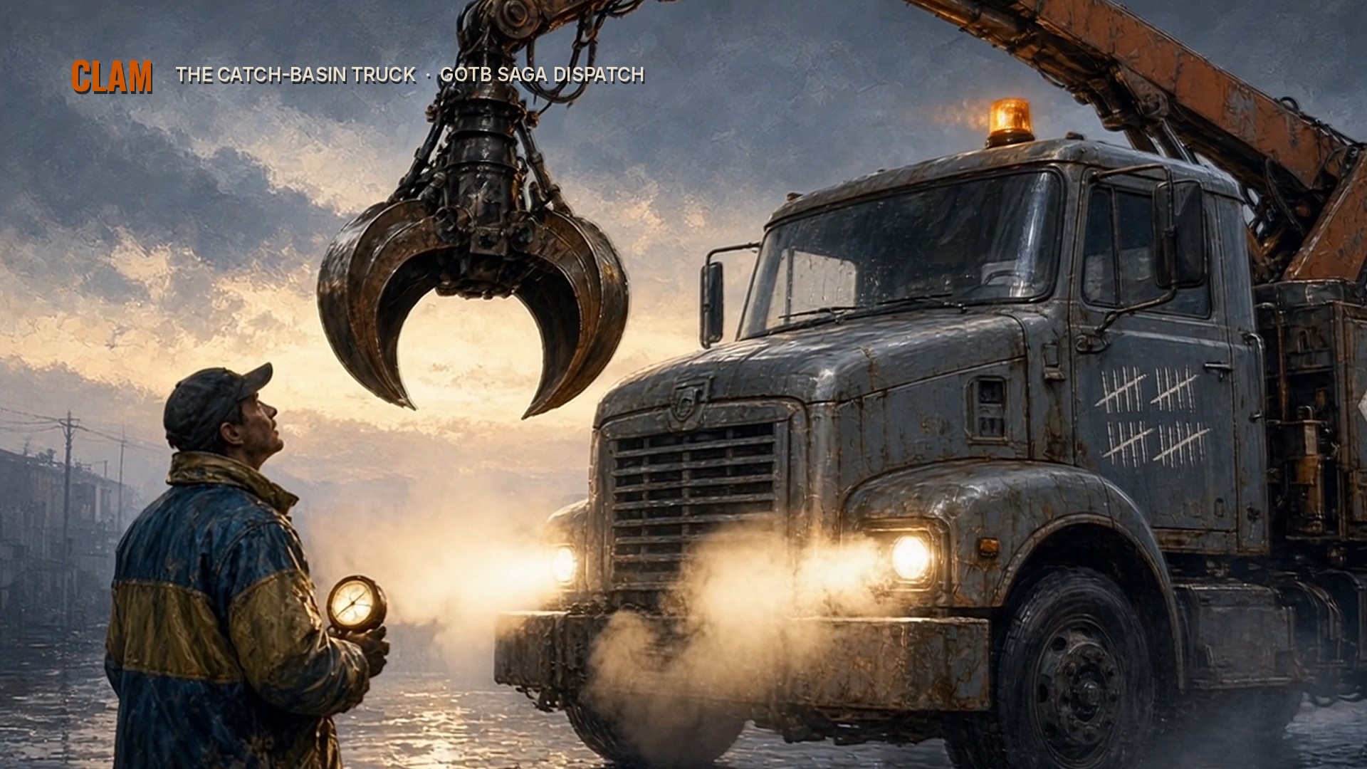 Illustrated poster of Clam, a fictional catch basin truck