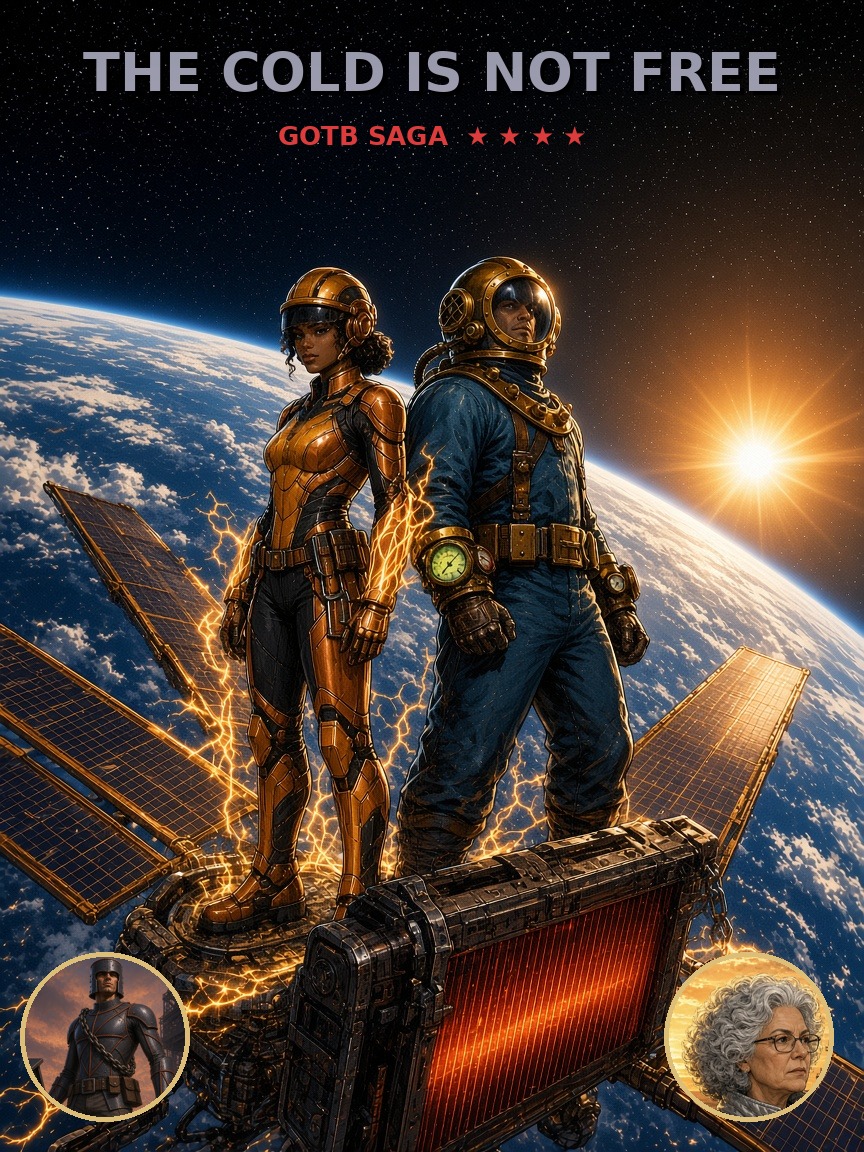 Cover of the comic The Cold Is Not Free: Gridline and Undertow stand on a solar wing in orbit above Earth, a red-hot radiator at their feet