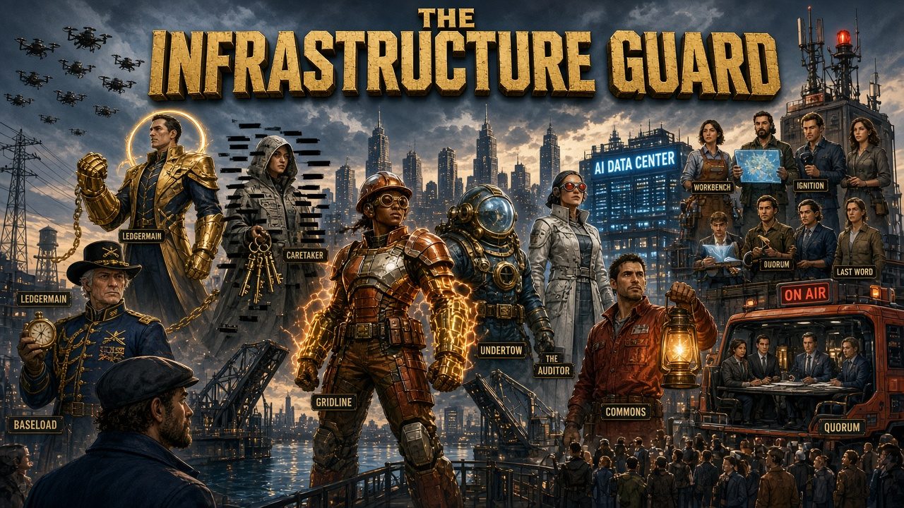 The Infrastructure Guard: painted banner of the series heroes against a city skyline