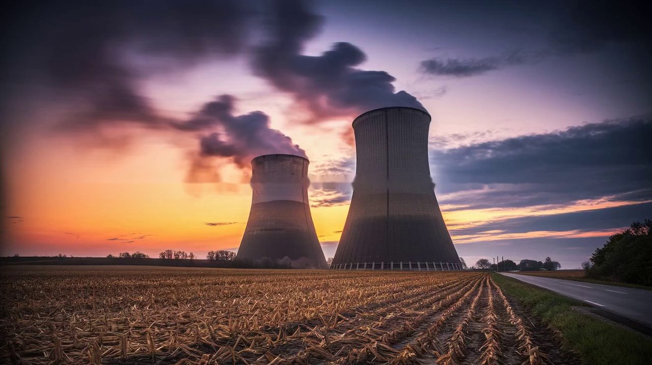 Cooling towers over an Illinois cornfield at sunset