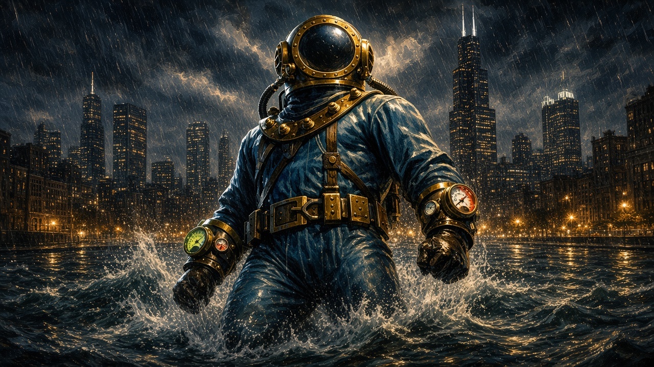 Undertow wading a flooded street at night in a storm, city lights behind him