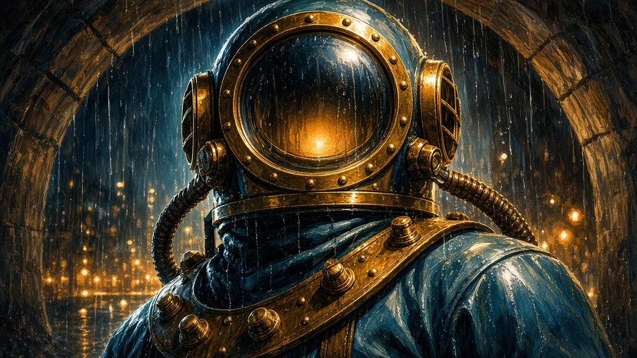 Undertow, a fictional hero in a deep-blue diving suit and brass helmet, its porthole glowing amber, in a rainy brick tunnel