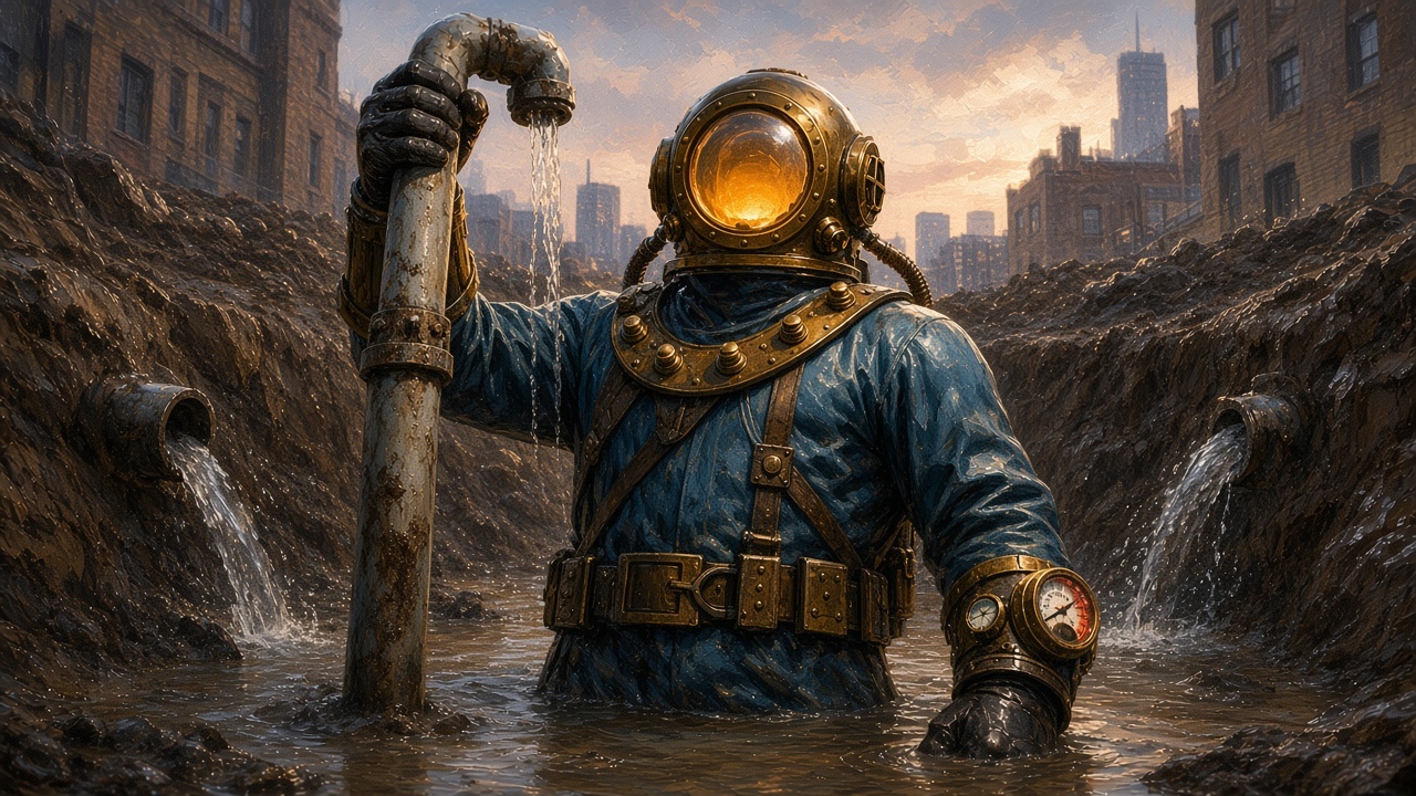 Undertow waist-deep in a street trench at dawn, holding an old pipe as water jets out