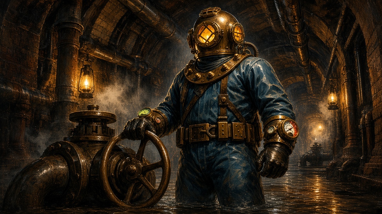 Undertow gripping a huge brass valve wheel in a lantern-lit pump hall