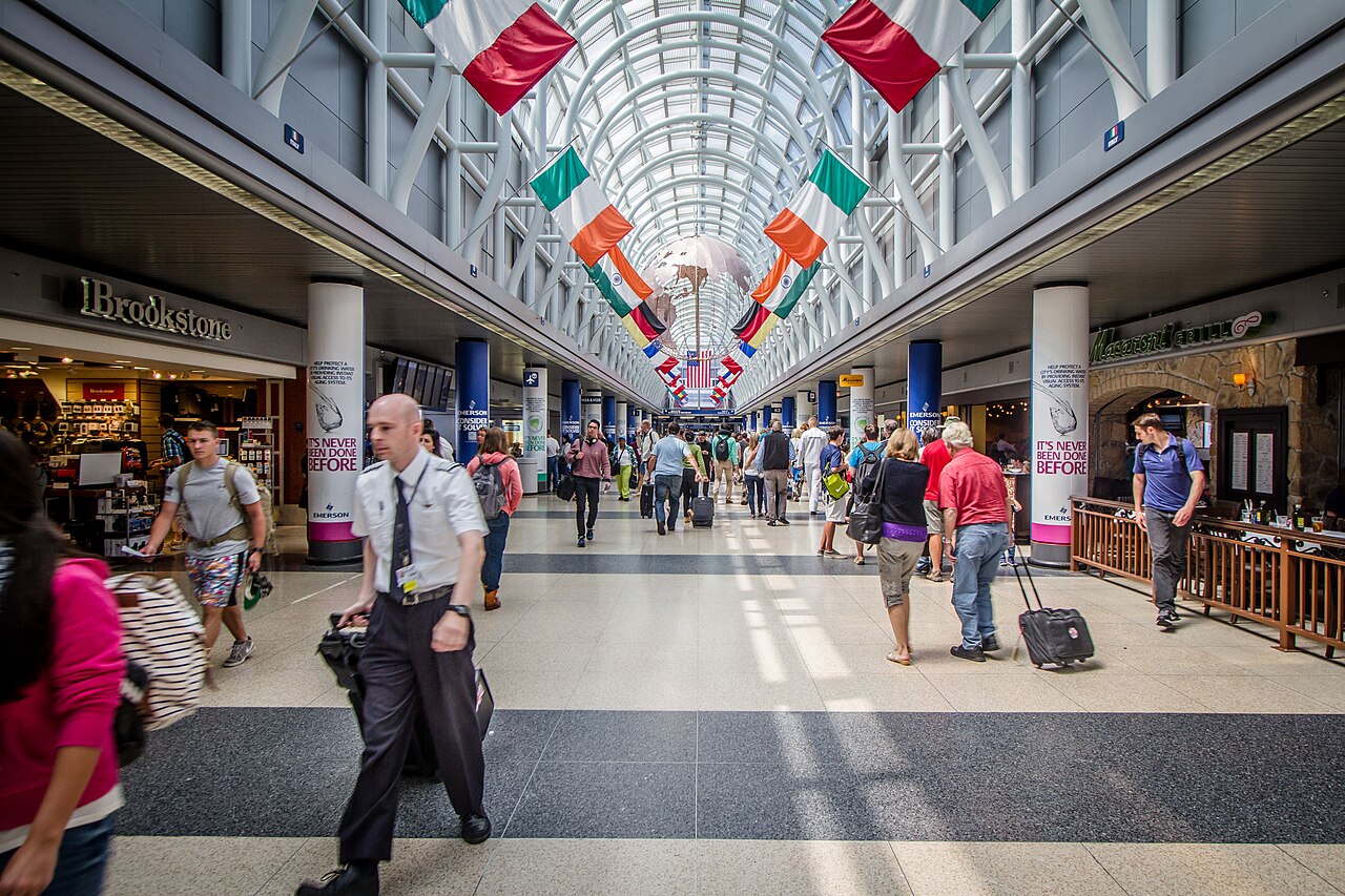 Airport concourse with hanging flags