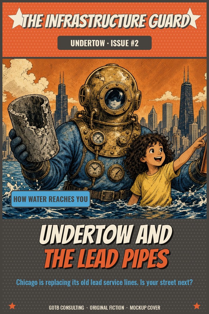 Cover of Undertow and the Lead Pipes: a hero in a lake-blue and brass diving suit beside a child at a kitchen tap