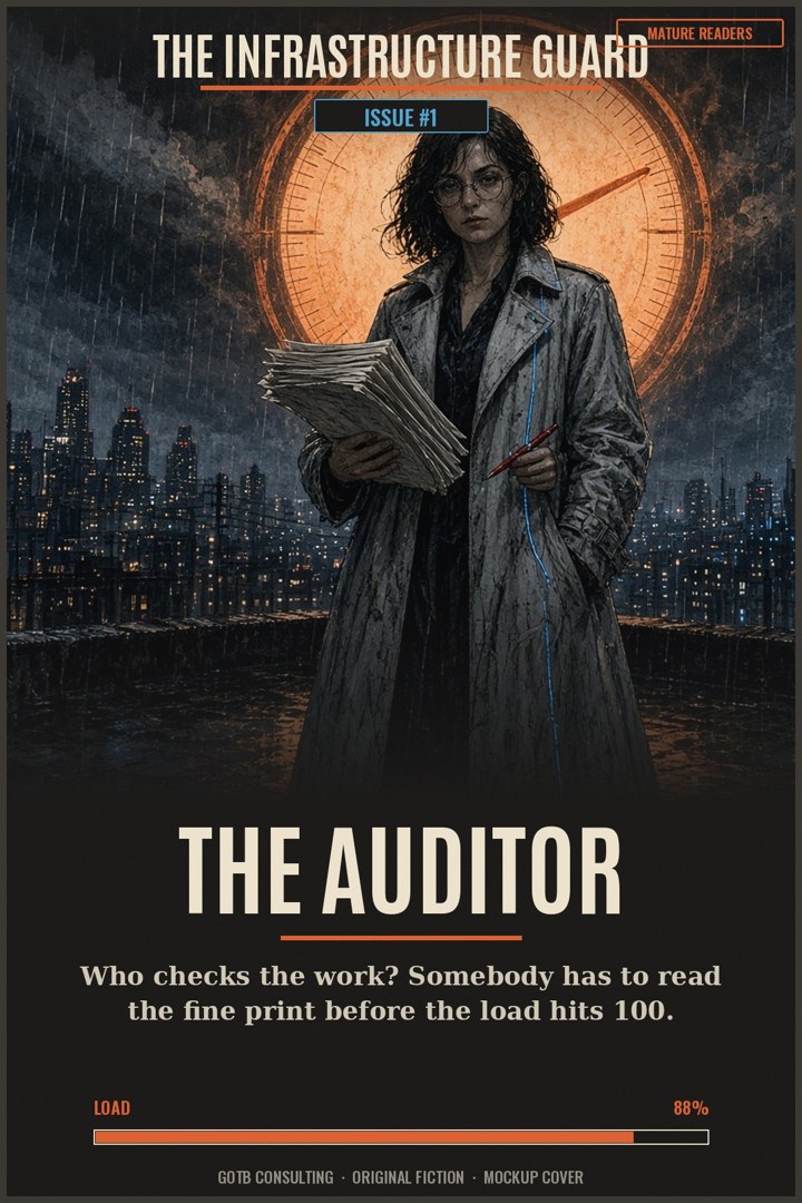 Cover of The Auditor: a woman in a rain-soaked coat holding a stack of papers in front of a glowing load meter over a night city