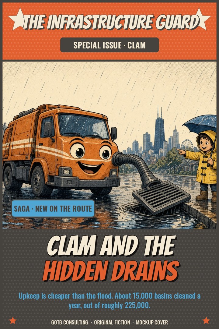 Cover of Clam and the Hidden Drains: a friendly orange catch-basin truck with a big smile on a rainy street