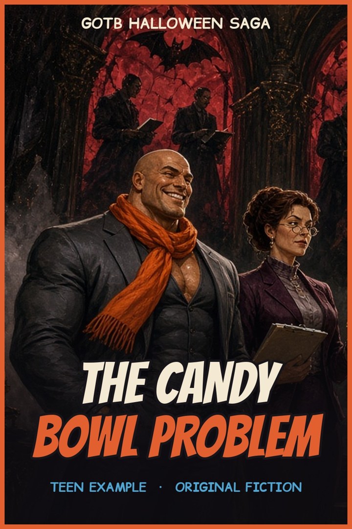 Cover of The Candy Bowl Problem: a hero in an orange scarf and his chief of staff in glasses and a long skirt in a candle-lit gothic hall