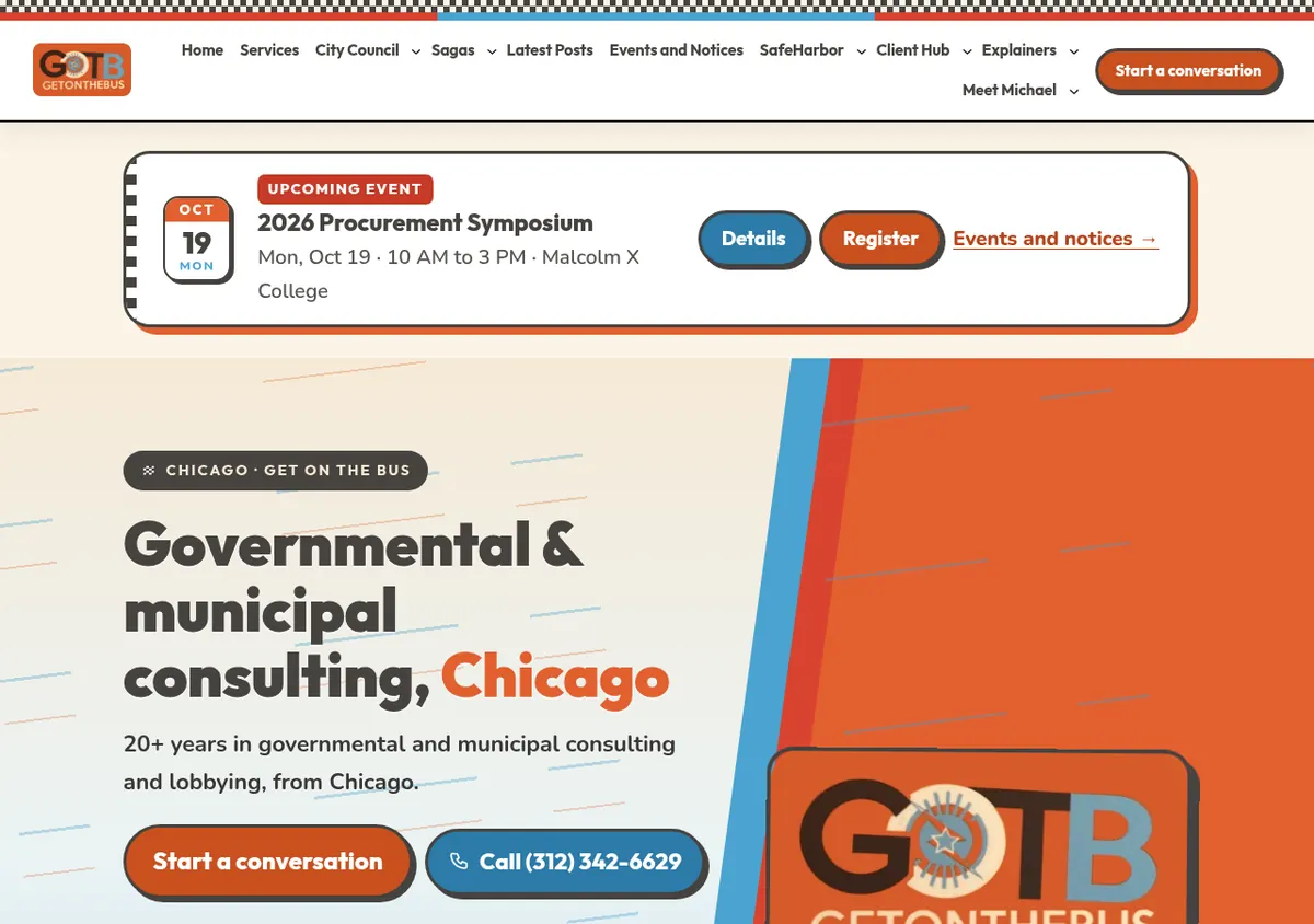 Desktop view of the redesigned gotbconsulting.com home page: an events banner, a bold orange and blue hero and call and contact buttons